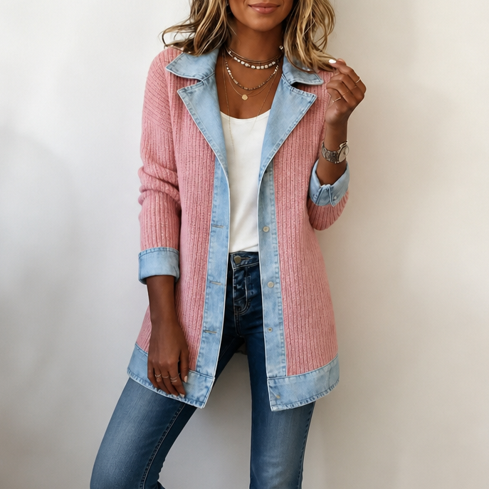 RIBOVA | RIBBED KNIT COAT WITH DENIM DETAILING