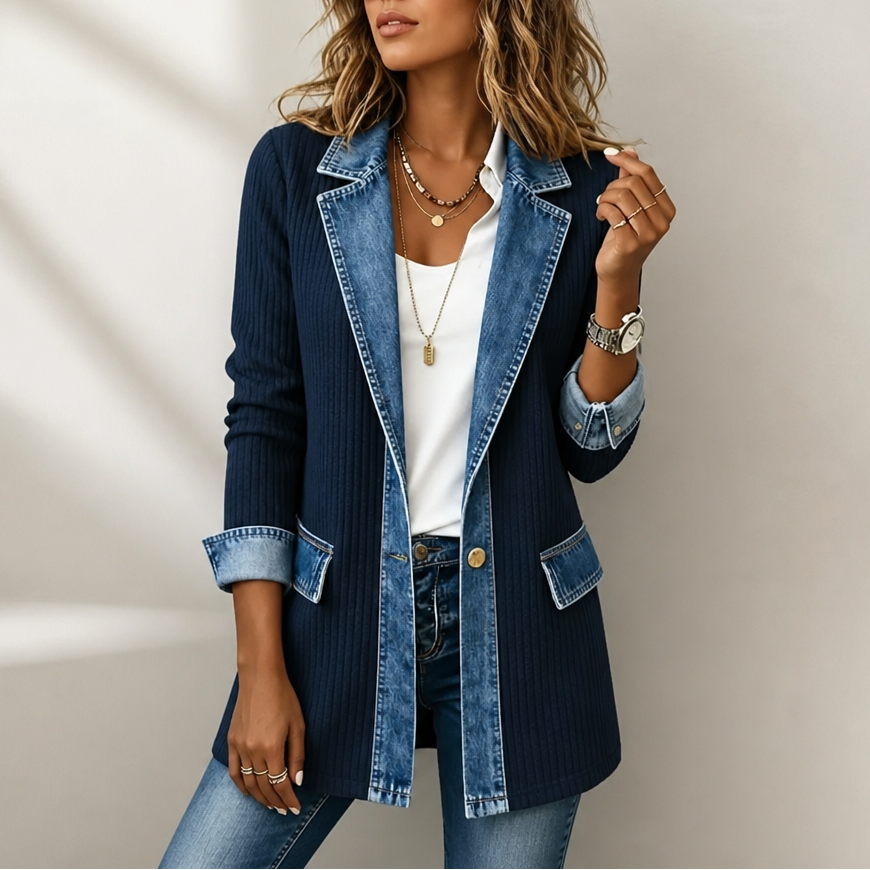 RIBOVA | RIBBED KNIT COAT WITH DENIM DETAILING