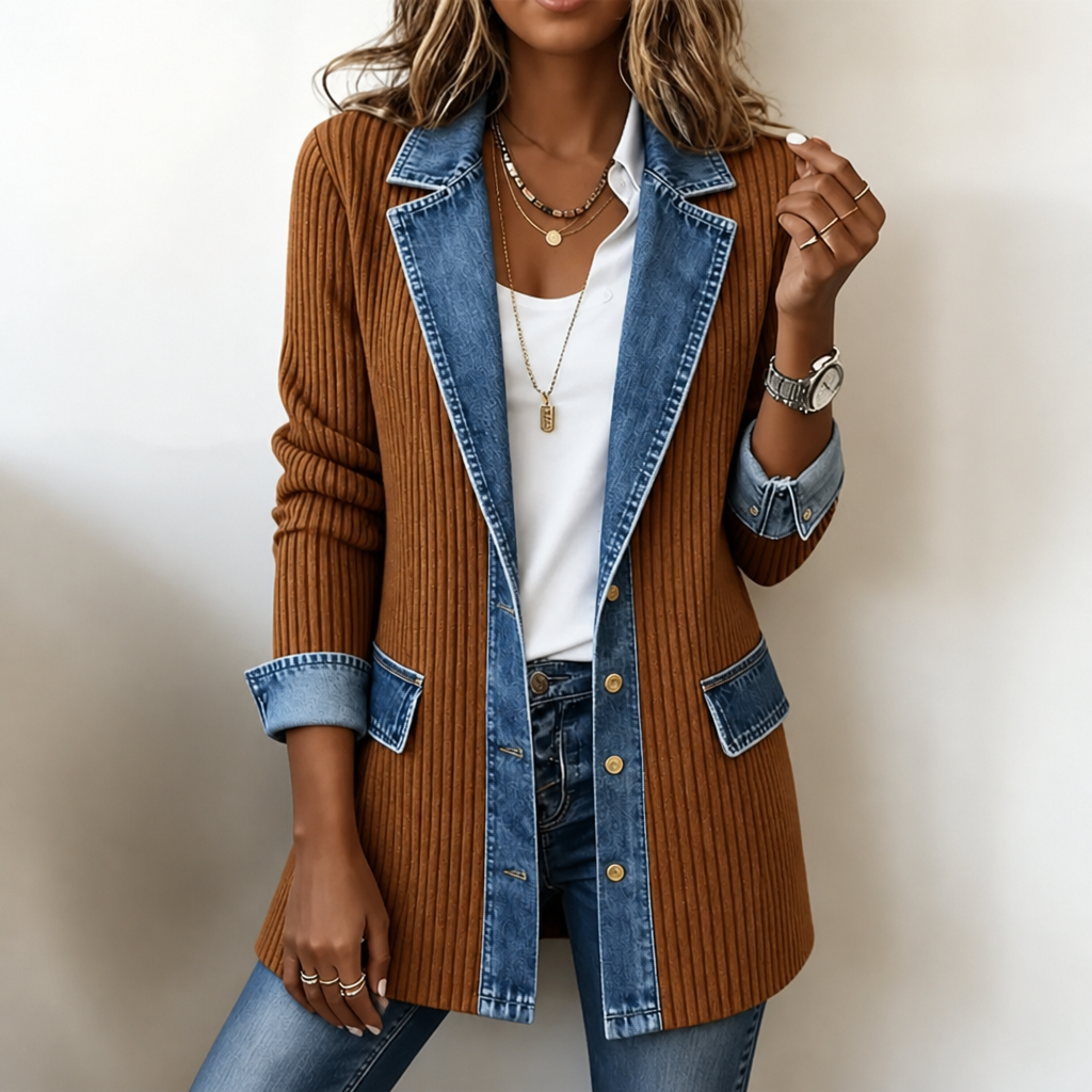 RIBOVA | RIBBED KNIT COAT WITH DENIM DETAILING