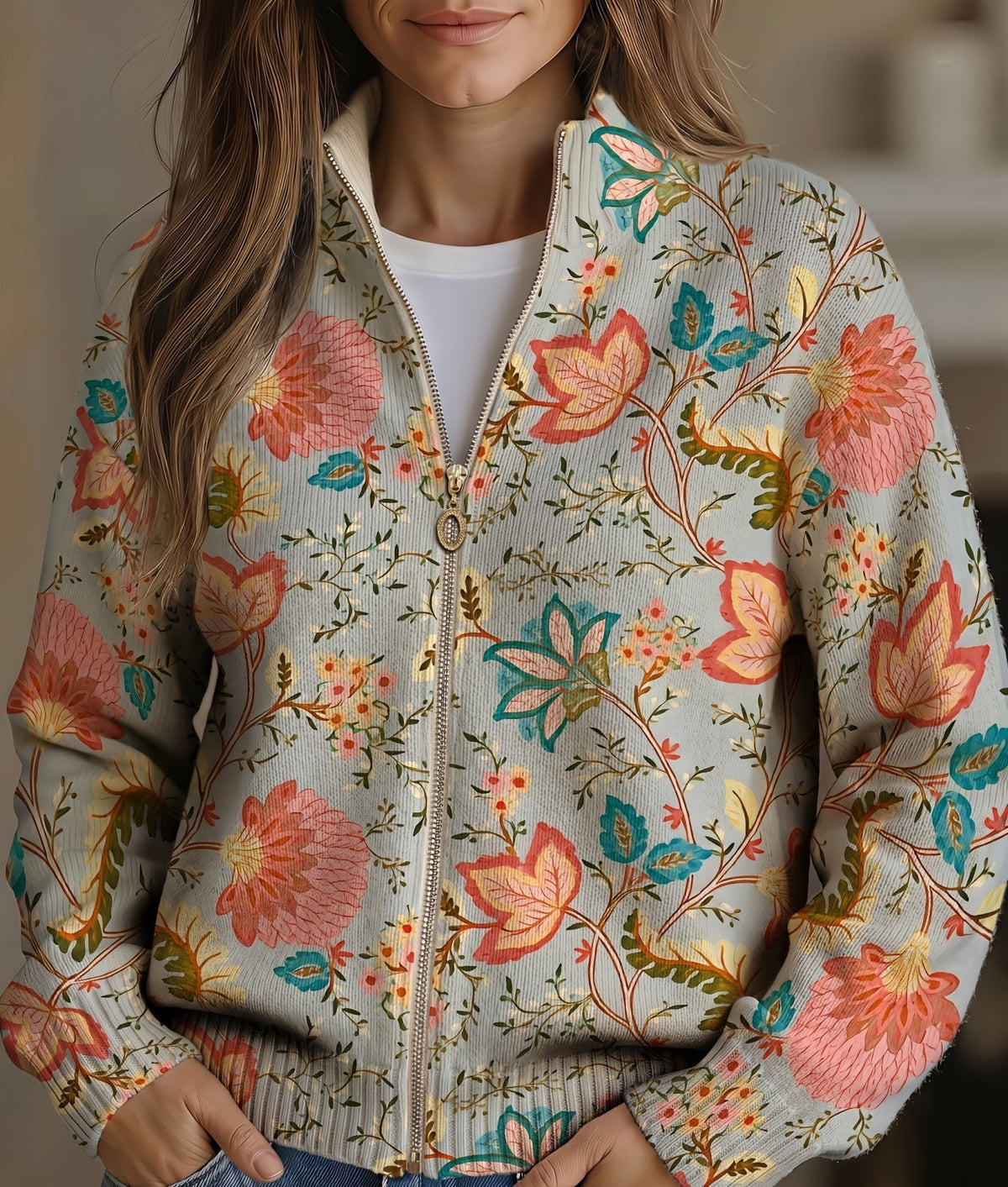 XANTHE | VINTAGE GARDEN FLORAL ZIP-UP CARDIGAN