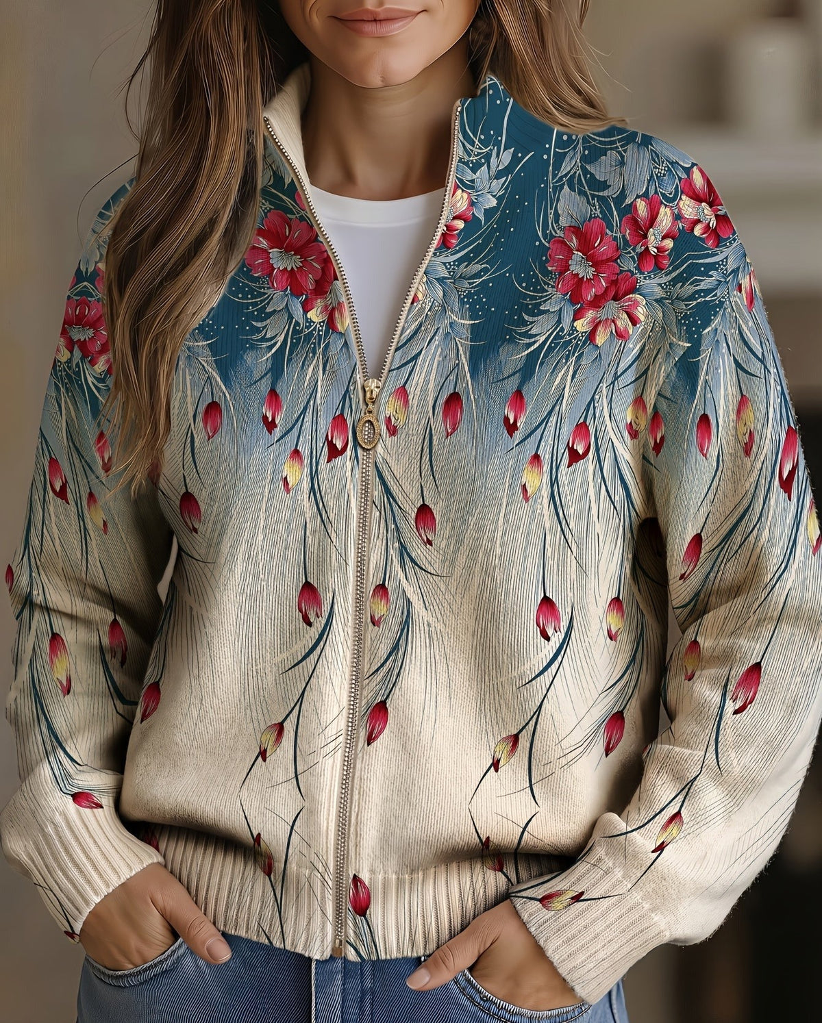 ZILLAH | PEACOCK FEATHER FLORAL ZIP-UP CARDIGAN